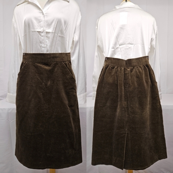 Yves Saint Laurent Paris High Waisted Corduroy Midi Skirt In Olive Brown Sz XS - Picture 1 of 14